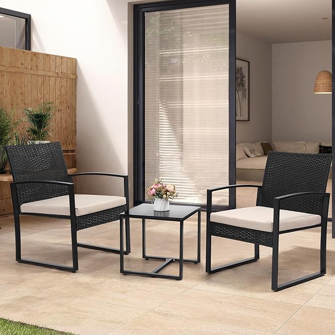 3 Piece Wicker Patio Bistro Set, Rattan Conversation Set with Coffee Table, for Balcony, Porch, Garden, Yard, Poolside, Black Frame with Beige Cushion