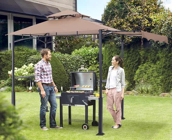 ABCCANOPY Grill Gazebo with Extra Awning - 11x5 Outdoor BBQ Canopy Shelter with 2 Led Lights for Patio Backyard Grilling (Khaki)