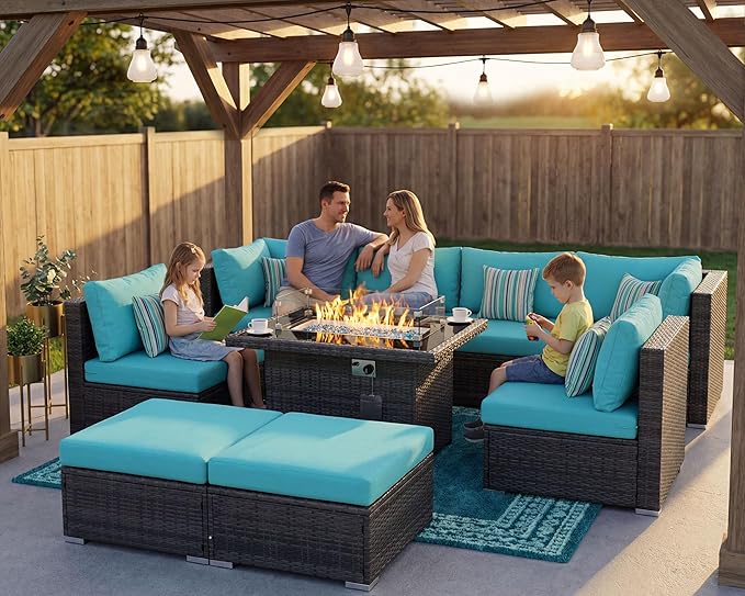 NICESOUL Big Size 9 Piece Patio Furniture Set with Fire Pit Natural Gas & Propane, 29.3'' High Back Comfy Outdoor Rattan Conversations, Wide Seats Couches for Outside, 2 Color Cushions Teal & Gray