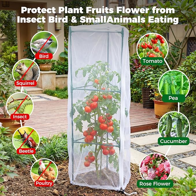 3Pcs Garden Bird Netting Plant Cover for Tomato Cage, 67" x 17.7" Insect Bird Barrier Tomato Cage Net with Zipper, Tomato Trellis Plant Netting Cover for Square Tomatoes Cages Plants Garden Protection