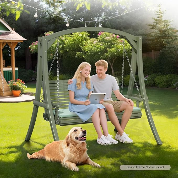 VINGLI Heavy Duty 880 LBS Patio Wooden Porch Swing Outdoor with Extra Cushion, Farmhouse Hanging Bench Tree Swing with Adjustable Chains for Yard | Garden | Lawn | Balcony (5 FT, Green)