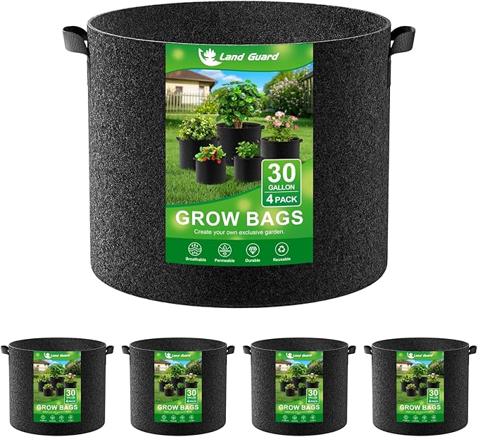 Land Guard 4-Pack Fabric Grow Bags 30 Gallon, Thickened Nonwoven Garden Pots, Growing Bags with Handles, Black