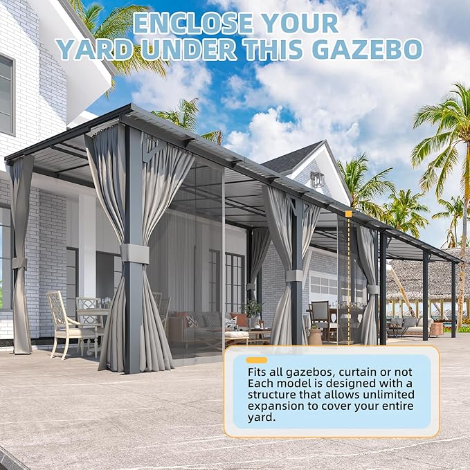 AECOJOY 16' x 10' Gazebo Outdoor Pergola for Patio with Curtains and Netting, Large Wall-Mounted Hardtop 10x16 Lean to Metal Gazebo Shelter Pergolas and Gazebos Clearance with Patio Roof