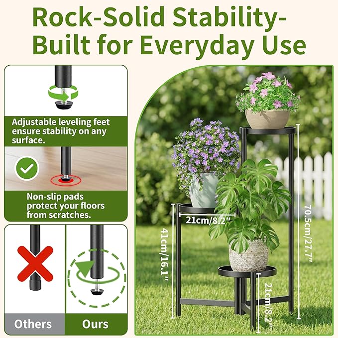 3 Tier Large Plant Stand Indoor with 7.9 Inch Wide Tray, Tiered Corner Metal Outdoor Flower Holder Stand, Folding Tall Rack for Display Shelf for Patio Porch Balcony - BlackDisk