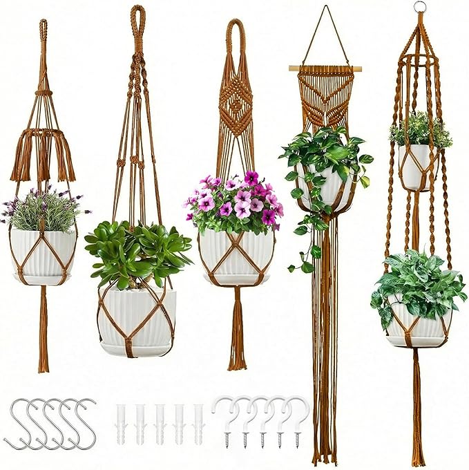 Macrame Plant Hangers, 5Pack Hanging Planters for Indoor Plants w/ 5 Set Hooks Handmade Cotton Rope Hanging Plant Holders Plant Hanger Indoor for Boho Home Decor (Planter Pot Not Included)