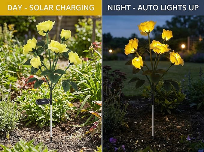 Solar Rose Lights Outdoor,2 Pack Waterproof Color Changing LED Flower Lights, with 12 LED Flowers, Solar Powered Garden Stakes for Yard, Patio, Artificial Floral Decorative Lighting, Yellow