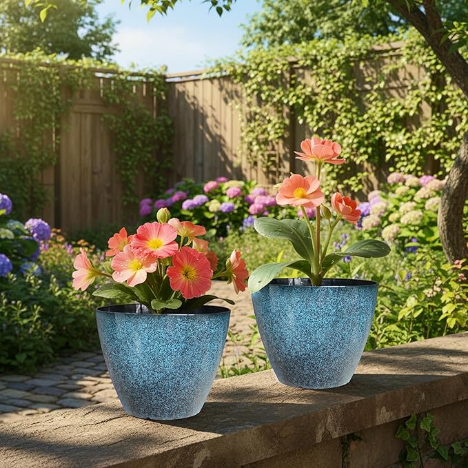 2 Pack Plastic Plant Pots with Drainage Holes, 8 inch Planter for Indoor Outdoor Plant, Garden Flower Pots for Aloe, Herbs, Cactus(Blue, 2pcs)