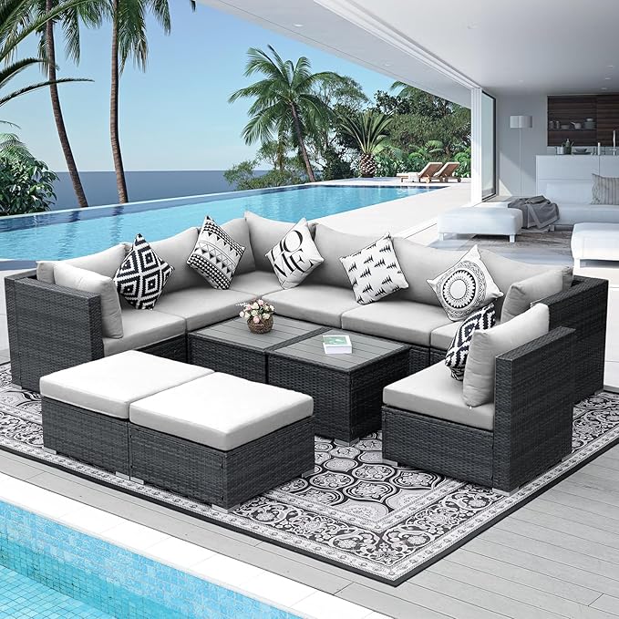 NICESOUL 11 Piece Modern Outdoor Furniture Sofa Set, 29.3'' High Back Comfy Sectional L-Shaped, Extra Large Wicker Patio Sofa Couches for 9 Person, Deep Wide Seating All-Weather Conversations, Grey