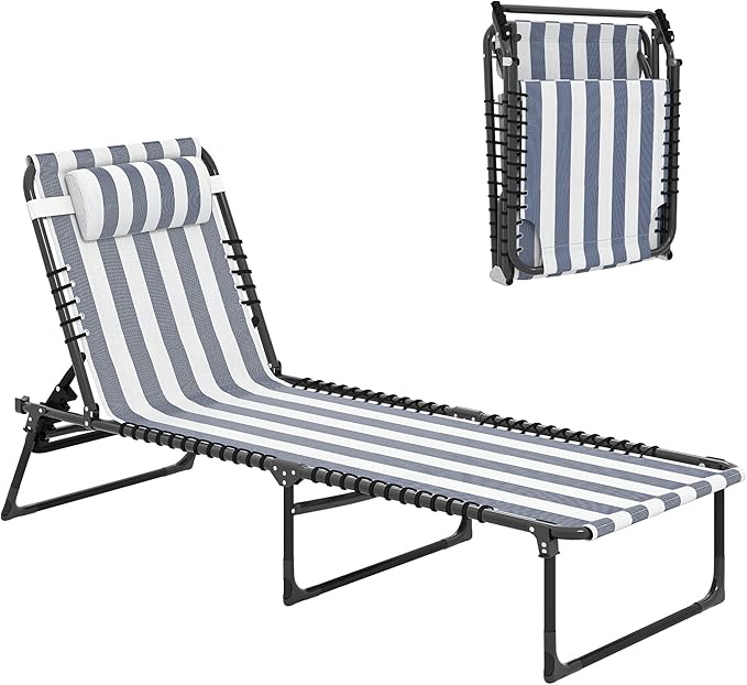 Outsunny Folding Chaise Lounge Chair, Patio Sun Tanning Chair, Outdoor Chaise Lounger with 4-Position Reclining Back, Breathable Mesh Seat for Beach, Poolside, Yard, Blue and White
