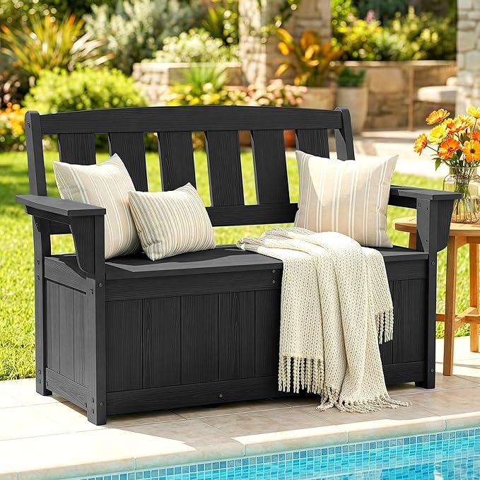 SERWALL HDPE Outdoor Storage Bench, All-Weather, UV-Resistant Deck Box with Waterproof Storage Bags, 57 Gallon Dual-Use Seat & Organizer Deck Boxes for Patio, Garden Tools & Pool (Matte Black)