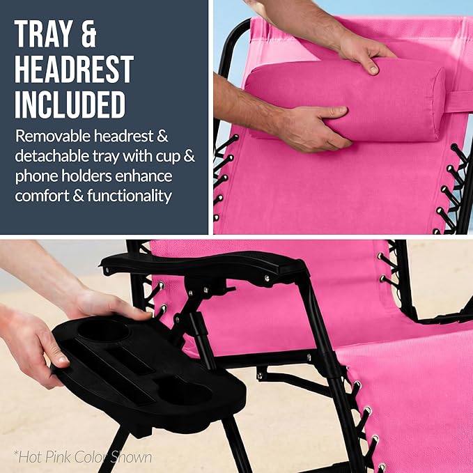 Best Choice Products Set of 2 Extra Wide Adjustable Steel Mesh Zero Gravity Lounge Chair Recliners w/Pillows and Cup Holder Trays - Flamingo Stripes/White