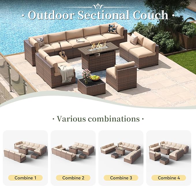 Aoxun 12 Piece Patio Furniture Set with 44” Fire Pit Table Wicker Rattan Outdoor Sectional Sofa Set with Coffee Table and Thickened Cushions, Beige (Waterproof Cover Included)