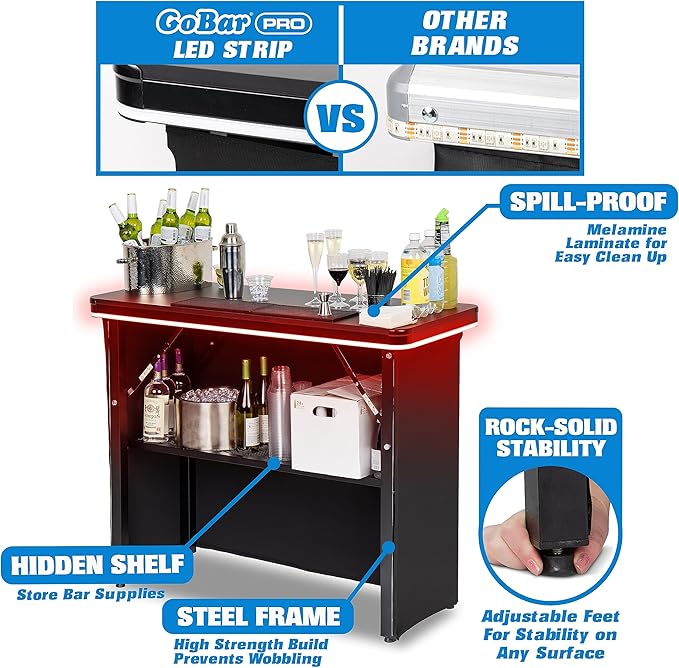 GoBar PRO Commercial Grade Portable Bar Table - Mobile Bartender Station for Events - Includes Black Skirt and Carry Case - Standard or LED, Pack 1