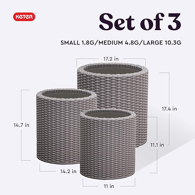 Keter Cylinder Set of 3 Rattan Resin Planter for Indoor and Outdoor Plants Ideal Decorative Planter for Porches and Patio Decor, Taupe