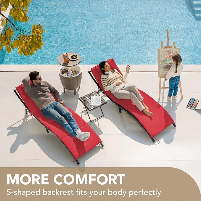 Devoko Patio Chaise Lounge Sets Outdoor Rattan Adjustable Back 3 Pieces Cushioned Patio Folding Chaise Lounge with Folding Table (Red)