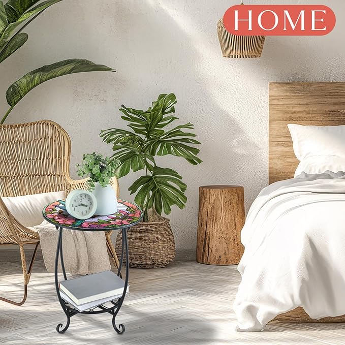 Outdoor Side Table Round Small Mosaic Patio Accent Indoor End Plant Metal Coffee Tea Table for Yard Porch Garden Patio Living Room, Bedroom(Hummingbird Style,14 Inch)