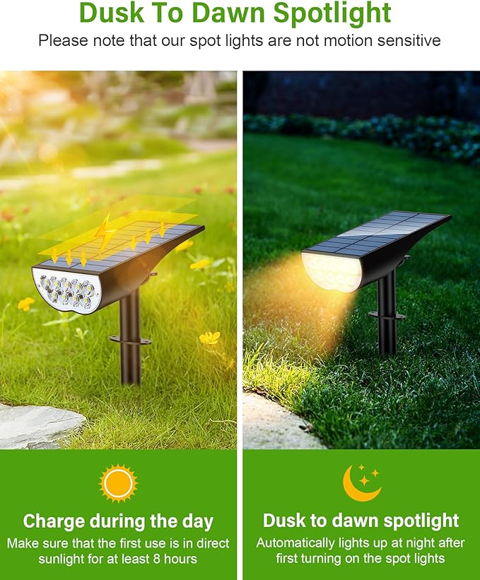 Solar Spot Lights Outdoor, Solar Lights Outdoor Waterproof IP65, 3 Brightness Modes Dusk to Dawn Landscape Spotlights for Yard Garden Pathway Tree Decoration, Warm White, 1 Pack