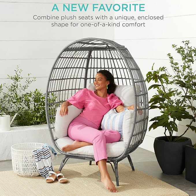 Best Choice Products Wicker Egg Chair, Oversized Indoor Outdoor Lounger for Patio, Backyard, Living Room w/ 4 Cushions, Steel Frame, 440lb Capacity - Gray/White Sand