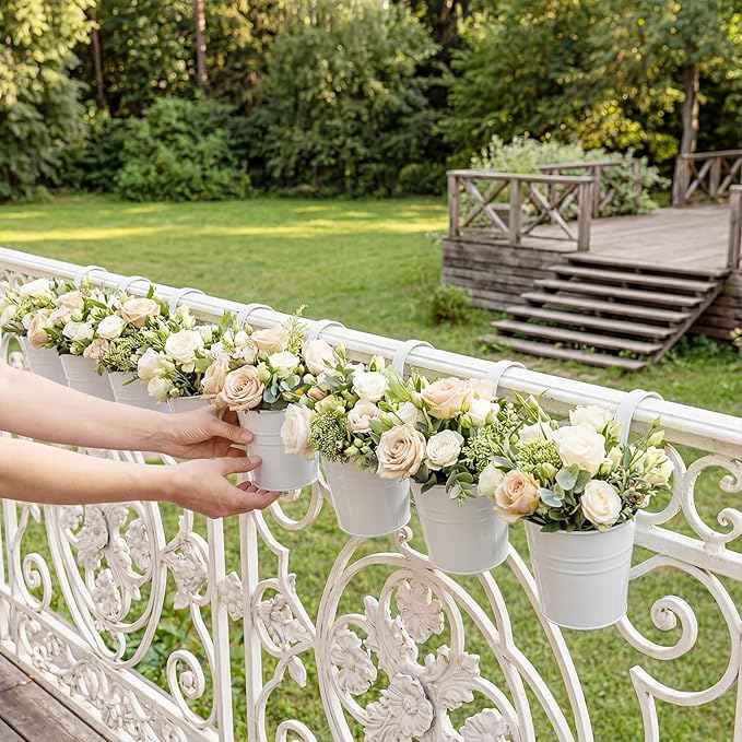 HowRU Hanging Flower Pots, Railing Planter Box for Outdoor Plants 12 Pack 5 Inch Metal Hanging Planters with Detachable Hooks Balcony Window Fence Garden Decoration Flower Boxes, White