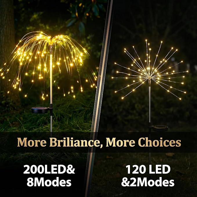 2 Pack Solar Firework Lights Outdoor - Verified 200 LED & 8 Modes - Starburst Solar Powered Garden Lights, Reinforced Durable Stakes, Waterproof Pathway Walkway Lights for Yard Patio Decor