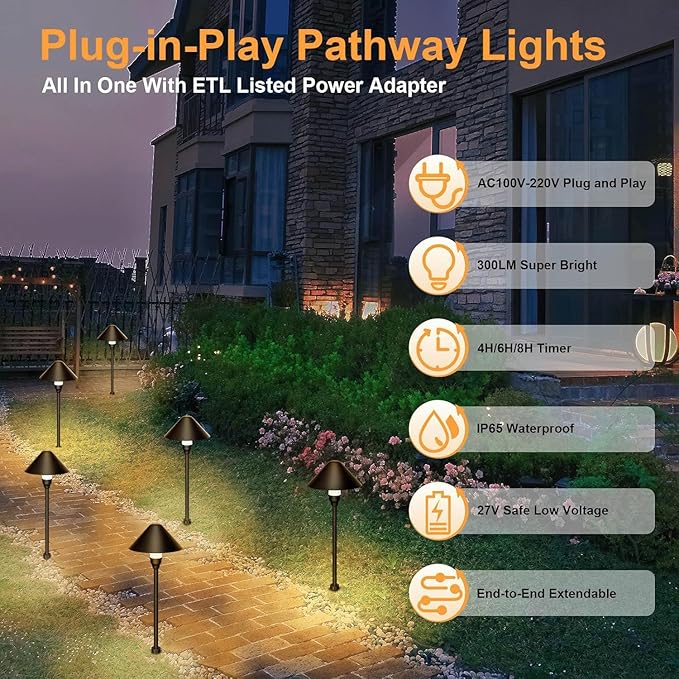Low Voltage Pathway Lights with Timer, 4H/6H/8H Auto On/Off Low Voltage Landscape Lighting 3000K Waterproof Landscape Path Lights for Flower Bed Backyard Walkway Driveway, Set of 6
