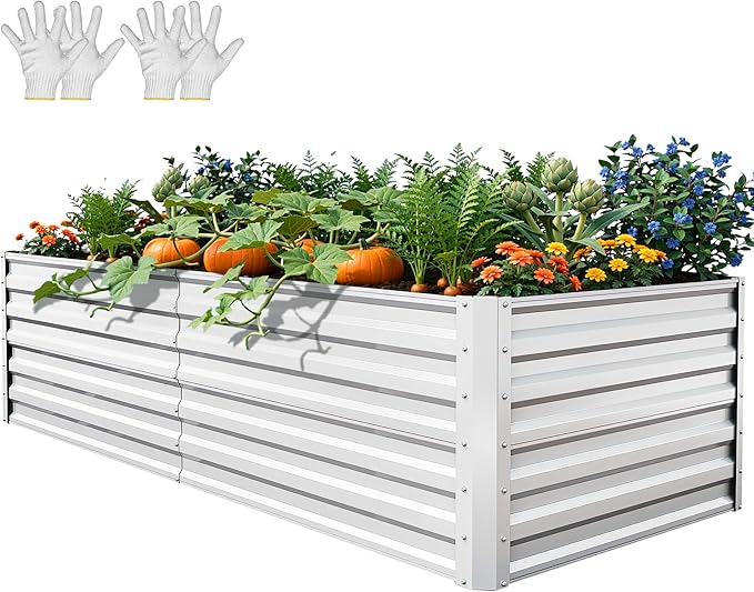 YITAHOME 6x3x2ft Large Raised Garden Bed Kit, Galvanized Metal Planter Box with Gloves, Ground Nails, Support Rod, Outdoor Above Ground Planters for Plants Vegetables Flowers, Silver