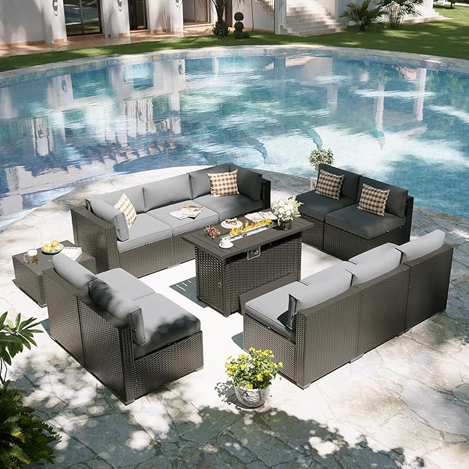 Aoxun Patio Furniture Set with Fire Pit Table, 12 Piece Outdoor Sectional Sofas, 10 Seats Wicker Rattan Outdoor Furniture with Thickened Cushion for Backyard, Garden Light Grey