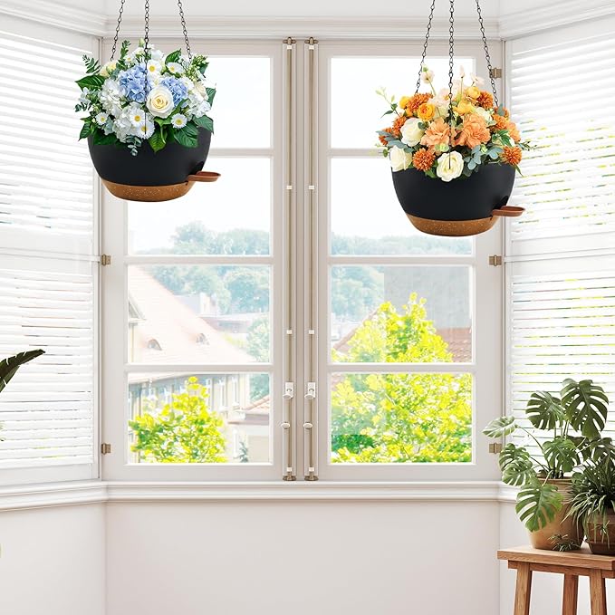 12 inch Hanging Planters for Indoor Plants, 2 Pack Self-Watering Hanging Planter Pots with Chain and Drainage Holes, Outdoor Plastic Hanging Baskets for Garden Home Decor