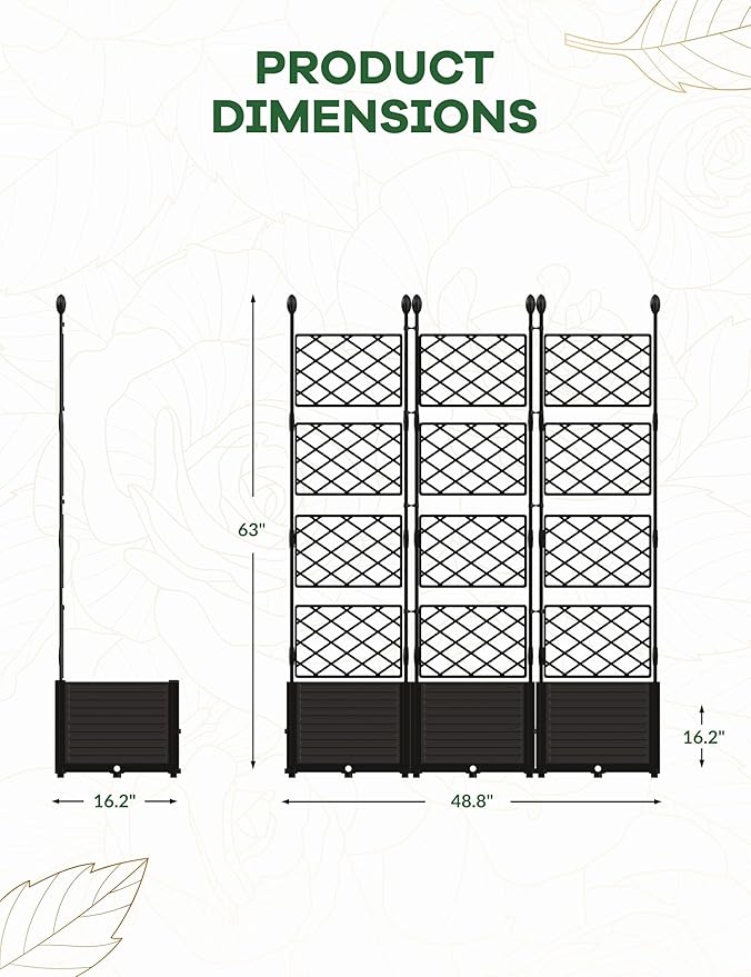 3 PCS Raised Garden Bed with Trellis & Privacy Screen, 50"w x 63"Tall Vertical Garden Planter Box for Climbing Plants - Sturdy Lightweight Outdoor Planter for Vegetables, Flowers on Patio, Balcony