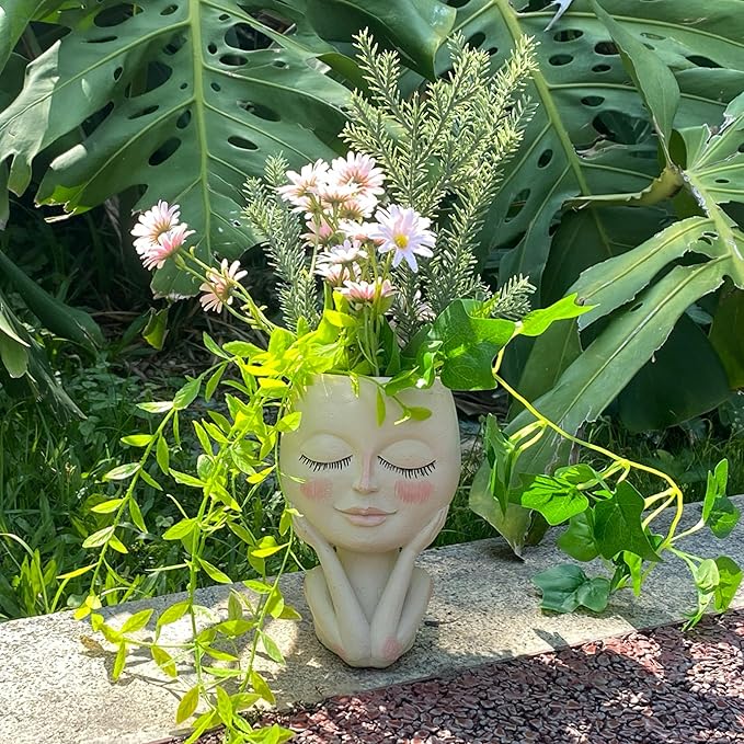 Head Planter Pot for Plants - Face Flower Pots Indoor Outdoor, Cute Succulent Head Planter, Creative Plant Pots With Drainage, Resin Cactus Planter Coffee Table Decor, Women/Mother Vase Gifts Ideas