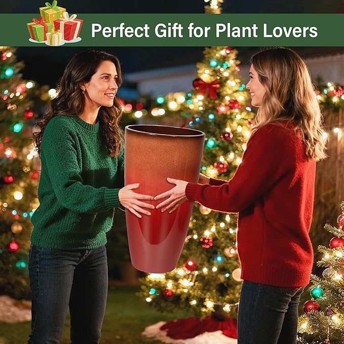 24/21/12 Inch Large Plastic Planter, Lightweight Ceramic-Look Tall Planters with Drain Hole & Saucers, Tall Plastic Planters for Porch, Garden, Patio, Balcony(Fiery Red)