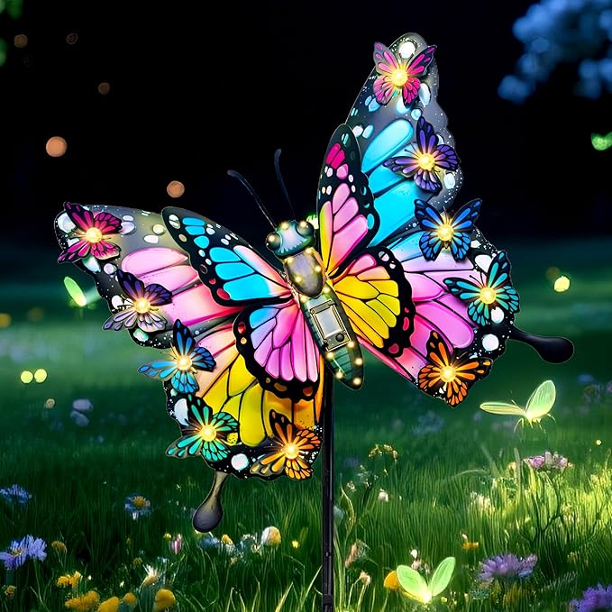 Hexagram Butterfly Garden Decor, Butterfly Solar Lights for Outside, Metal Decorative Large 42.3" Yard Stakes, Solar Outdoor Decorations for Lawn Porch Pathway, Birthday Gardening Gifts for Mom Women