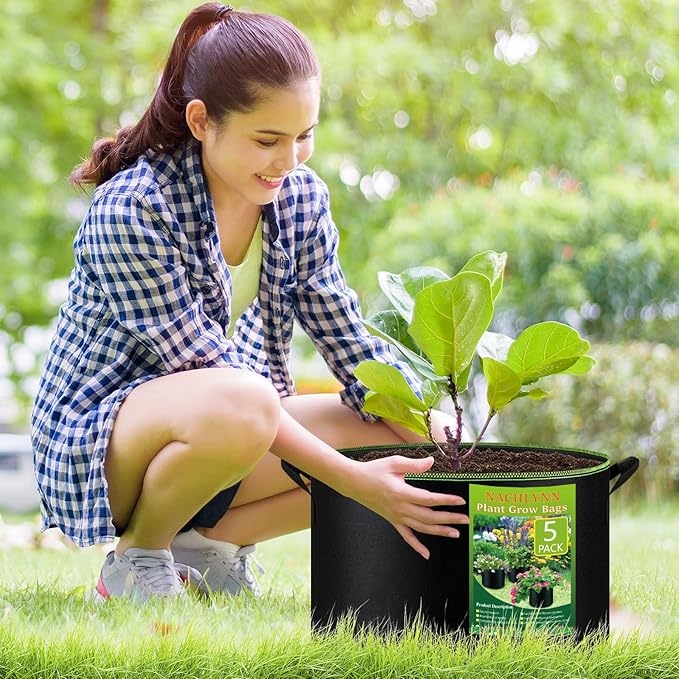NACHLYNN 5-Pack 15 Gallon Grow Bags Thickened Nonwoven Fabric Pots Heavy Duty Aeration Fabric Pots with Handles Plant for Gardening Fruits Flowers Plant