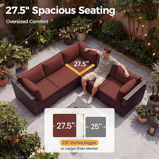 NICESOUL 10 Pieces Outdoor Patio Furniture Set with Fire Pit Table Natural Gas/Propane, 29.3'' High-Back Big Sectionals PE Wicker All Weather Conversations, Brown Rattan and Burgundy Cushion