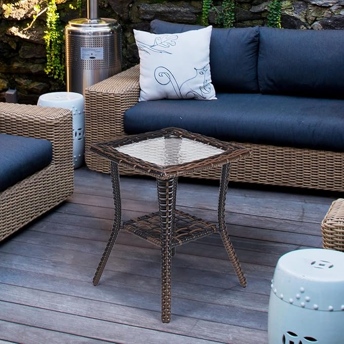 VINGLI Outdoor Side Table with Storage Wicker Patio Side Table, Tempered Glass Top End Table for Balcony Porch Deck (Brown)