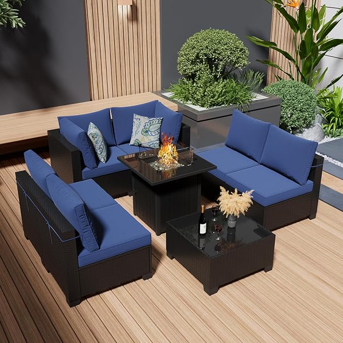 8 Piece Patio Furniture Set with Fire Pit Table, Wicker Outdoor Sectional Sofa, Conversation Set for Backyard, Garden, Deck (Coffee/Blue)