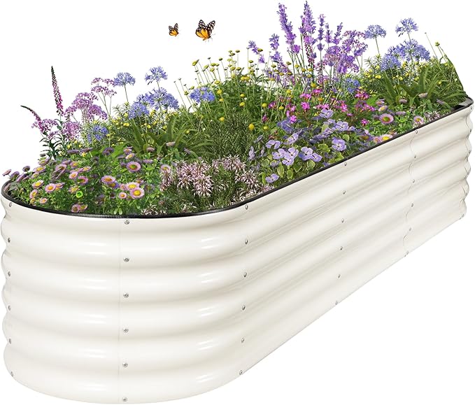 Galvanized Raised Garden Bed - 8x2x1.4FT Metal Planter Boxes Outdoor | Oval Steel Raised Bed Kit for Gardening with Protective Tape, Bracing Rods, Gloves for Vegetables, Flower, Herb (White)
