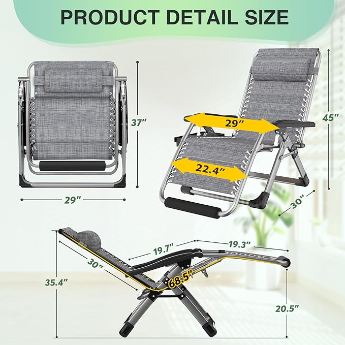 Suteck Oversized Zero Gravity Chair, 29In XL Outdoor Recliner Chair w/Removable Cushion&Headrest, Camping Lounge Chair w/Upgraded Lock&Footrest, Reclining Patio Chairs for Indoor Outdoor,500LBS