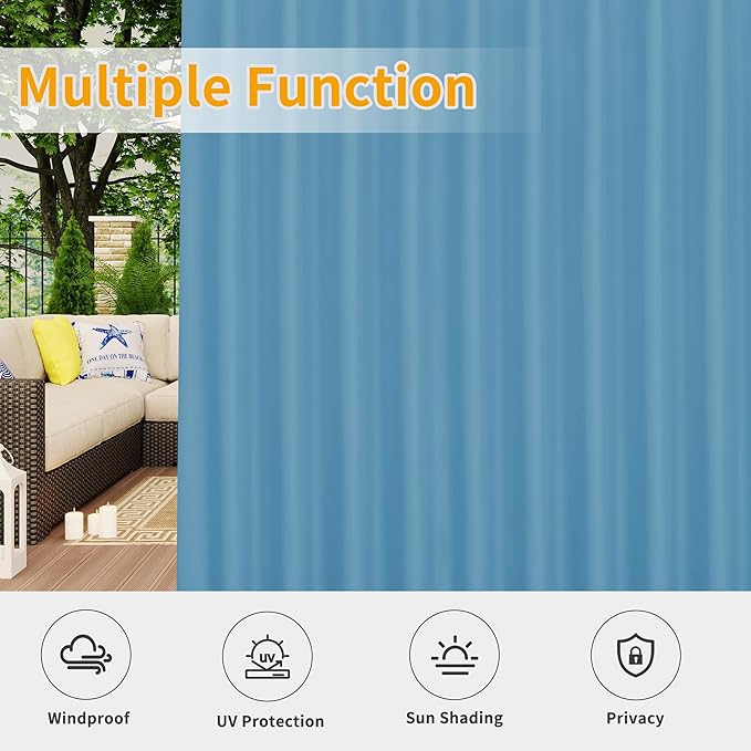 Easy-Going Outdoor Patio Curtains Detachable Tab Top Windproof Weatherproof Curtain for Cabana, Porch, Pergola and Gazebo, Tab Bottom Drape, 2 Panels, 110W x 96L inch, Sky Blue