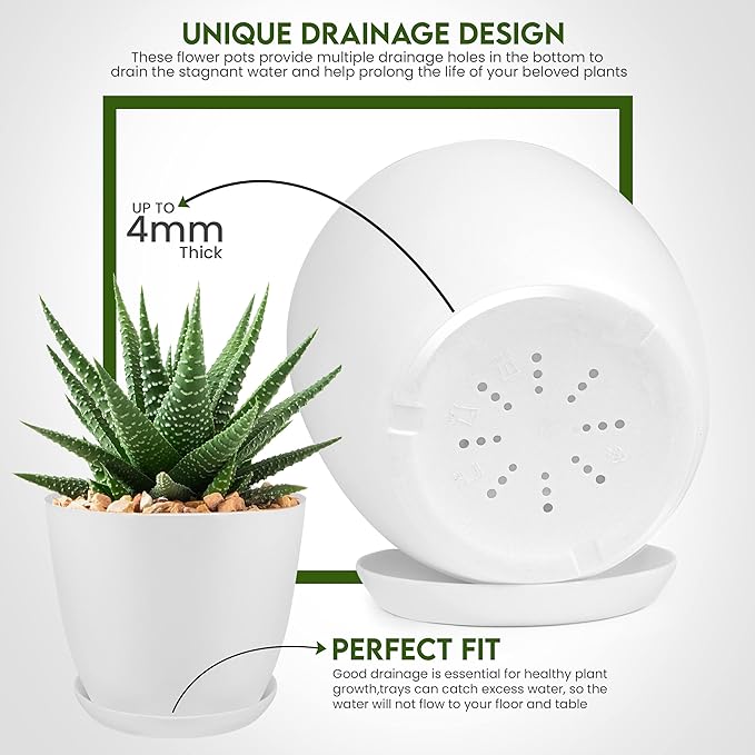 Utopia Home Plant Pots Indoor with Drainage Holes – Set of 5 White Plastic Flower Pots (7/6.6/6/5.3/4.8 Inch) – Modern Planters for Indoor Plants, Room & Office Décor, Great Stocking Stuffers