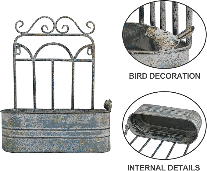 Rustic Metal Wall Planter Vintage Wall Mounted Flower Pot Distressed Wall Hanging Plant Basket Farmhouse Wall Decor for Indoor Outdoor Garden Home Yard (Gray)