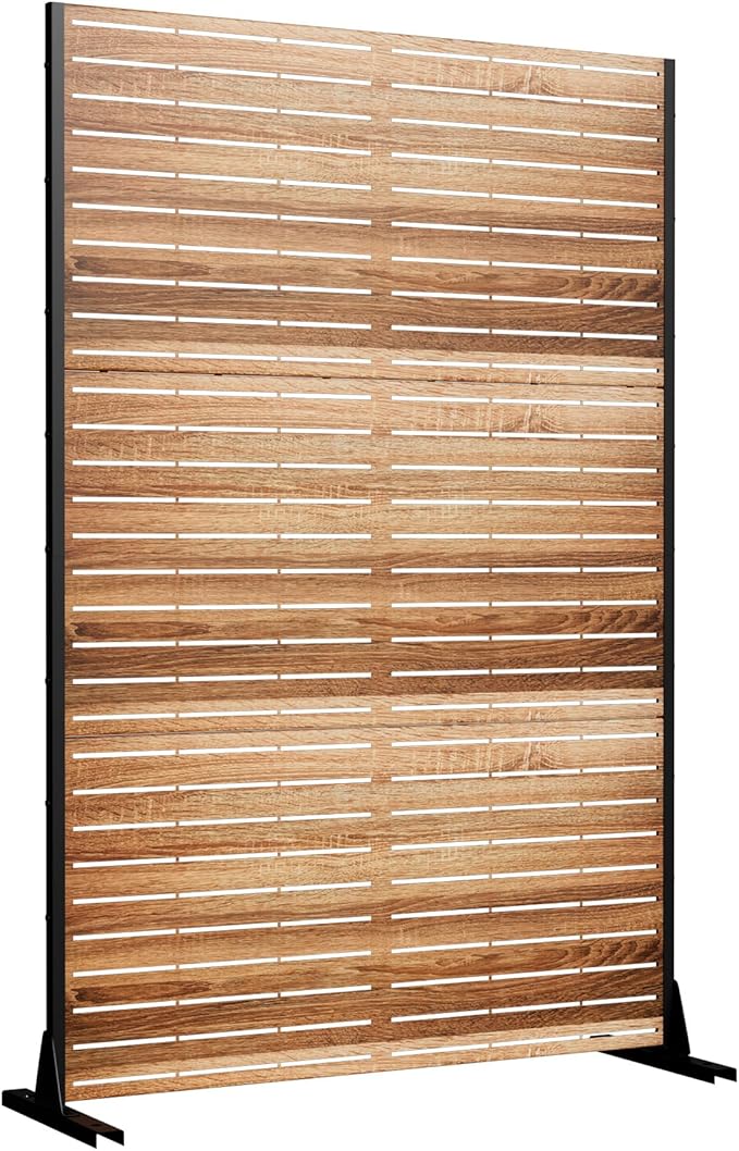 Casaphoria Metal Privacy Screen Outdoor, 72" H x 47" W Freestanding Decorative Privacy Screen for Patio Deck Balcony Garden with Stable Base,Wood Color