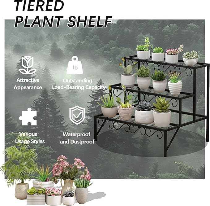 3 Tier Metal Plant Stand Outdoor Indoor, Heavy Duty Flower Pot Holder Display Shelf,Multifunctional storage rack for Patio Garden Livingroom Bedroom,Black