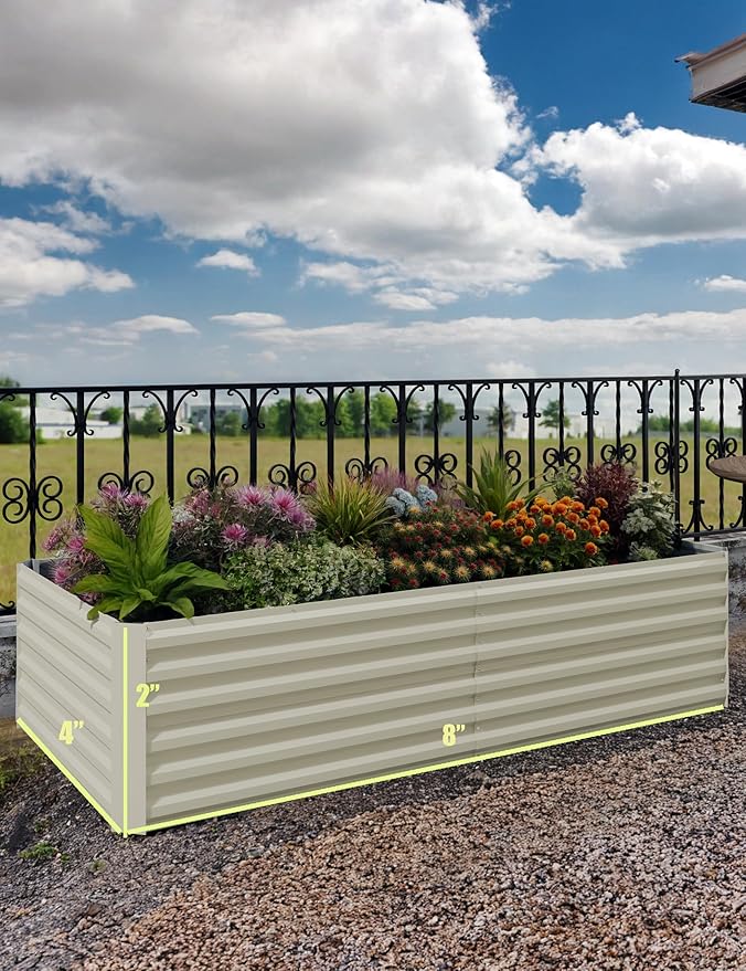 GarveeLife 8x4x2 ft Galvanized Raised Garden Bed, 24" Tall Metal Planter Box for Flowers Vegetables, Rust-Resistant Raised Garden Beds for Gardening, Easy Assembly Outdoor Garden Box & Planters,Beige