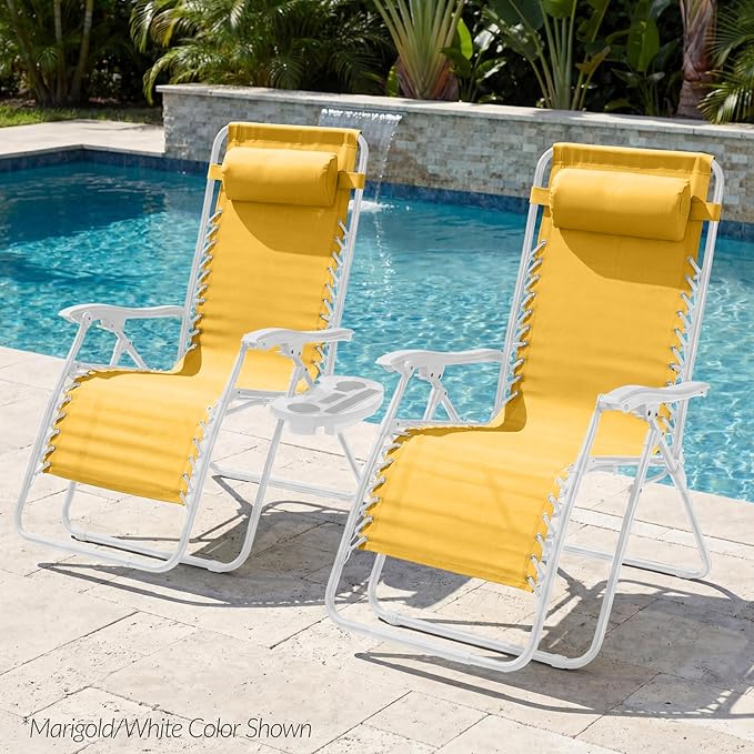 Best Choice Products Set of 2 Extra Wide Adjustable Steel Mesh Zero Gravity Lounge Chair Recliners w/Pillows and Cup Holder Trays - Marigold Stripes/White