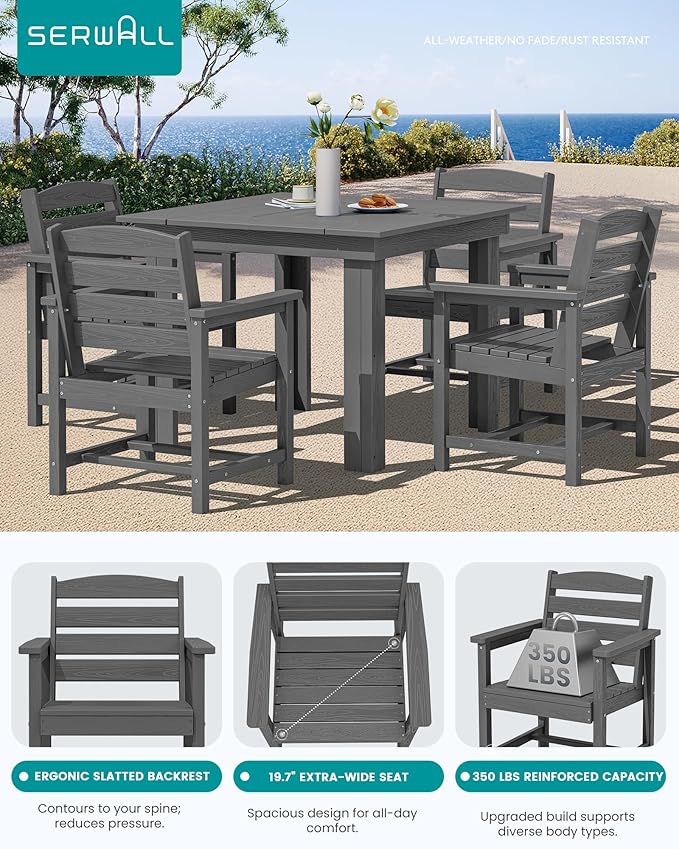 SERWALL Outdoor Dining Set for 4, HDPE Square Table and Chairs Set All Weather Patio Dining Set with 4 Classic Dining Chairs, 5-Piece Patio Dining Furniture for Deck, Gray