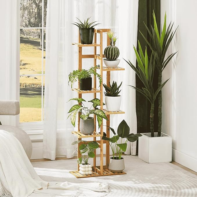 DolceLuna Plant Stand Indoor Corner, Tiered Bamboo Plant Shelf 46 Inch Tall, Plant Rack 6 Tier for Multiple Small Plants, Flower Holders for Living Room Bedroom Window Patio Balcony, Natural