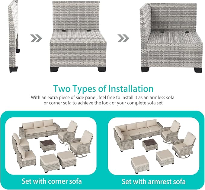 11-Piece Outdoor Patio Furniture Set with Rocking Swivel Chair Wicker Sectional Sofa Set, Patio Conversation Set with Ottomans & Coffee Table for Garden, Backyard, Poolside, White