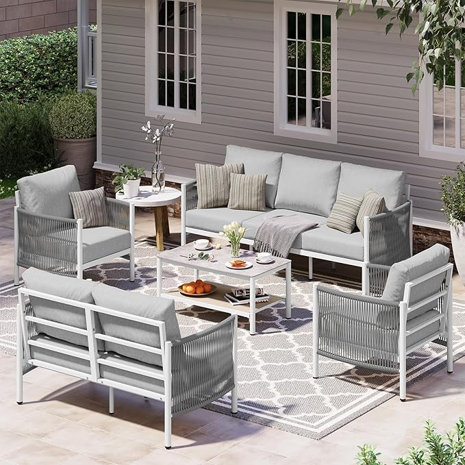 Aluminum Outdoor Patio Furniture Set with Dual-Layer Coffee Table, 5 Piece Modern Patio Conversation Sets with PE Rope, Outdoor Sectional Sofa with Thick Cushions for Balcony, Deck, White