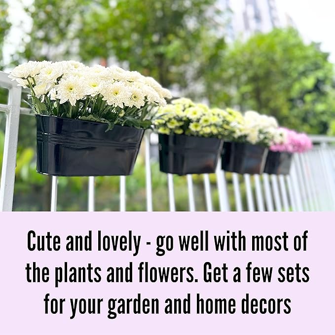 LaLaGreen Rail Planter Outdoor Plants(11.8 Inch, 8 Pack) Black Metal Iron Hanging Flower Pots Deck Railings Fence Buckets Modern Countryside Boho Style Wall Mount Window Box Plant Holder Porch Decor